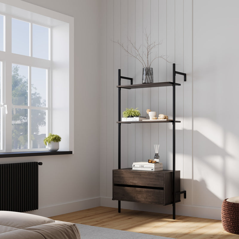 Système de rangement avec deux étagères et une commode en chêne fumé pour aménager une chambre