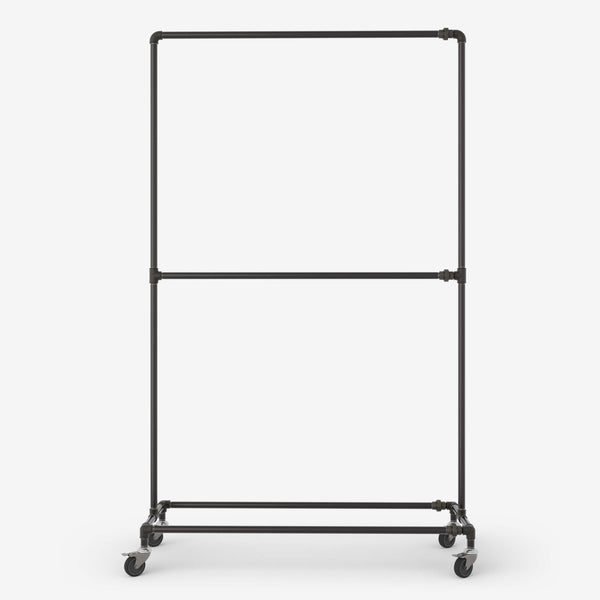 Portant à vêtements sur roulettes avec double tringle en fer foncé