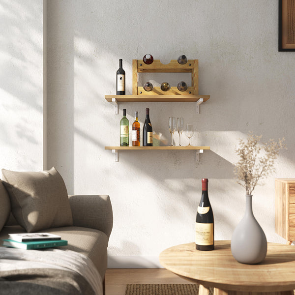 étagère en chêne avec supports minimalistes carrés blanc mat pour ranger les bouteilles de vin