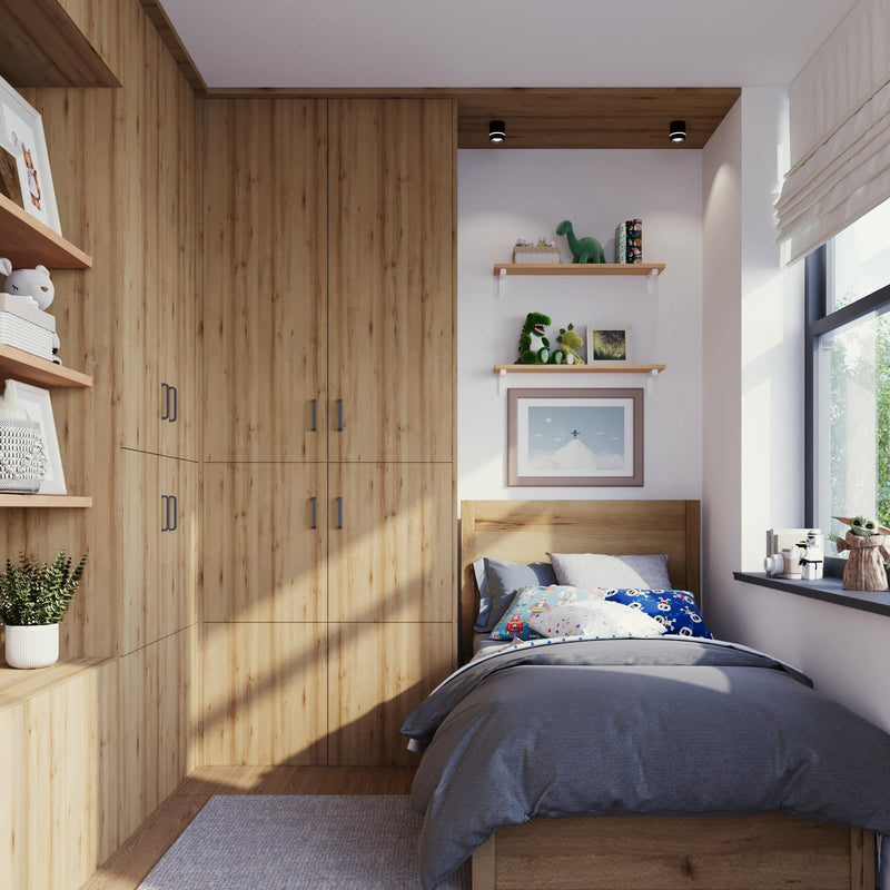 étagère en chêne de faible profondeur avec supports minimalistes blanc mat dans la chambre à coucher