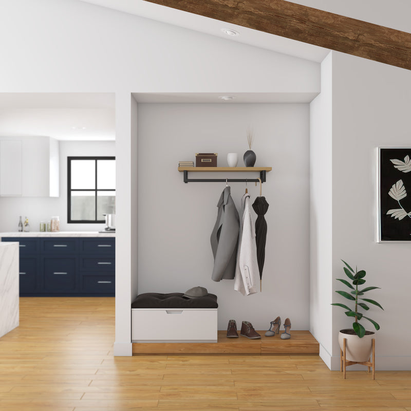 étagère en chêne classique équipée d'une tringle à vêtements minimaliste noir mat pour aménager l'entrée