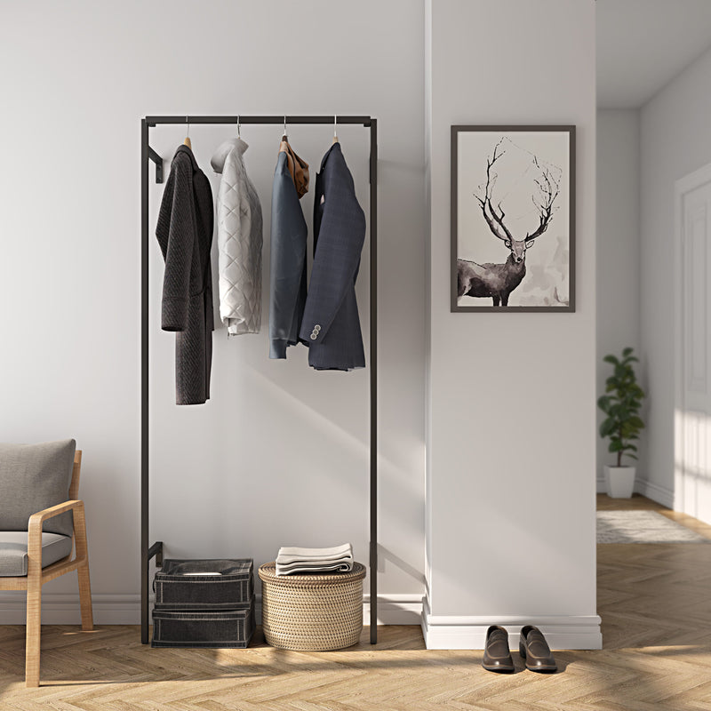 Dressing ouvert noir mat minimaliste de forme carrée pour l'entrée