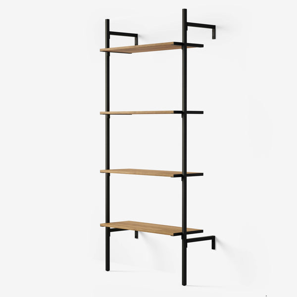Système de rangement en tubes carrés noir avec 4 étagères en chêne classique