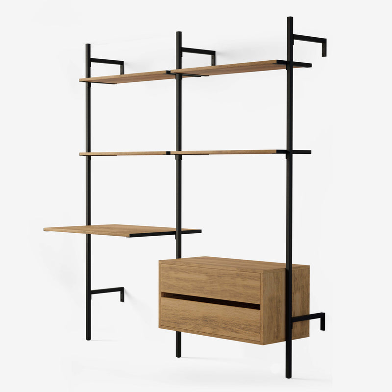 Solution de rangement en tubes carrés en acier noir avec un bureau, quatre étagères et une commode en chêne classique