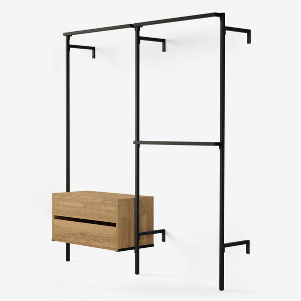 Penderie ouverte carrée noire 2 colonnes avec 1 tringle simple, 1 commode en chêne classique et 1 double tringle