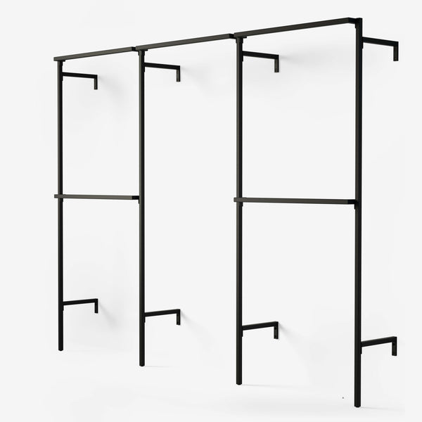 Penderie ouverte en acier noir avec 2 colonnes à double tringle et 1 colonne à tringle à vêtements simple