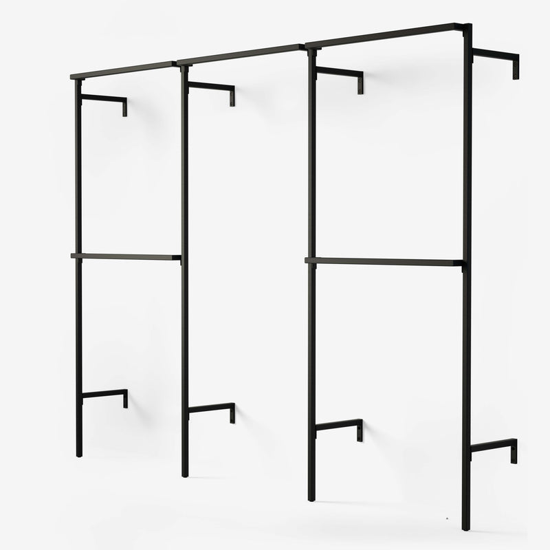 Penderie ouverte en acier noir avec 2 colonnes à double tringle et 1 colonne à tringle à vêtements simple