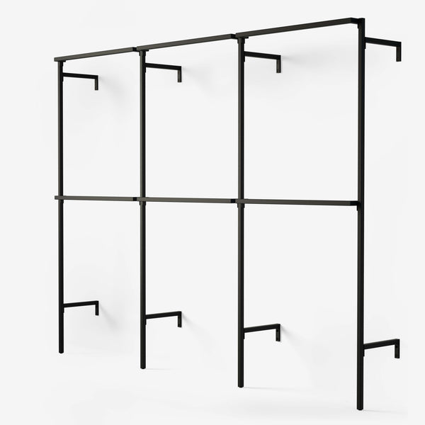Penderie ouverte minimaliste tubes carrés noir acier  3 colnnes avec double tringle à vêtements 