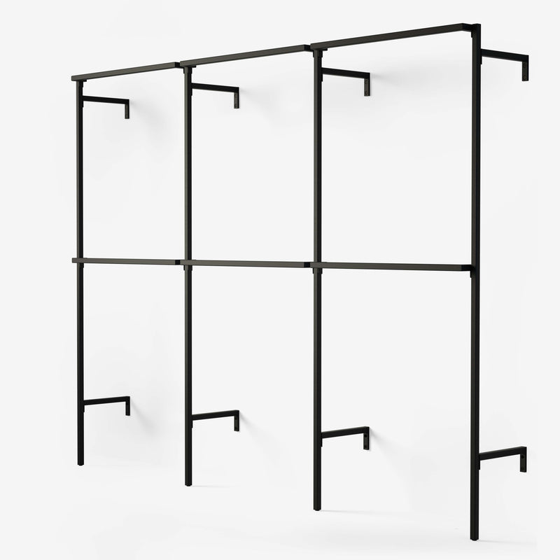 Penderie ouverte minimaliste tubes carrés noir acier  3 colnnes avec double tringle à vêtements 