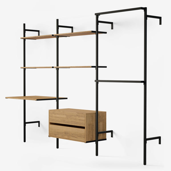 Solution de rangement ouverte en tubes carrés noirs avec double tringle, un bureau, une commode et 4 étagères en chêne classique