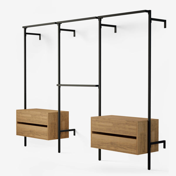 Penderie ouverte carrée noire avec 2 commodes en chêne classique et une double tringle à vêtements