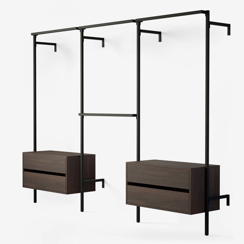 Penderie ouverte carrée noire avec 2 commodes en chêne fumé et une double tringle à vêtements