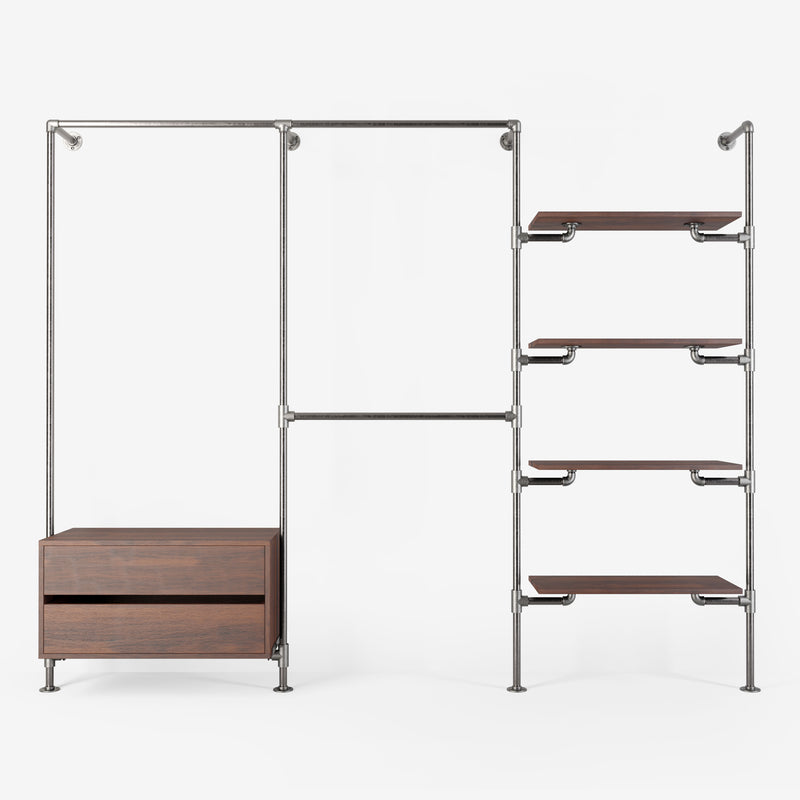 Solution de rangement Rackbuddy Walk-In en fer argenté composée de rails, d'étagères et d'une commode en chêne fumé