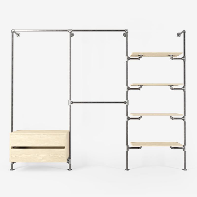 Solution de rangement Rackbuddy Walk-In en fer argenté composée de rails, d'étagères et d'une commode en pin clair