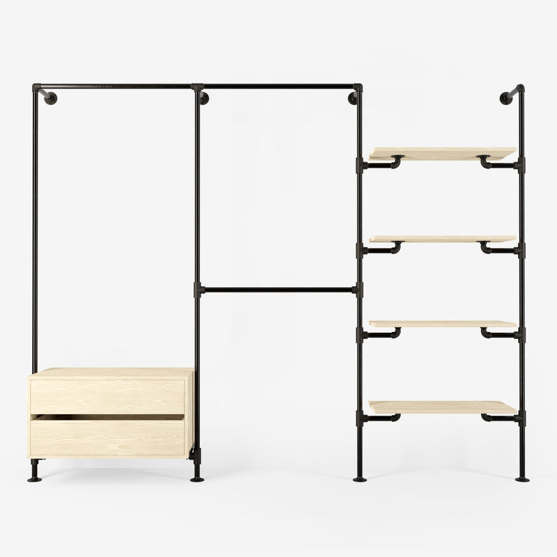 Solution de rangement Rackbuddy Walk-In en fer noir composée de rails, d'étagères et d'une commode en pin clair