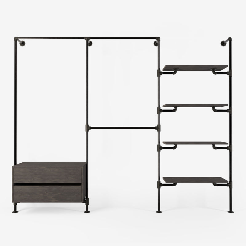 Solution de rangement Rackbuddy Walk-In en fer noir composée de rails, d'étagères et d'une commode en pin foncé