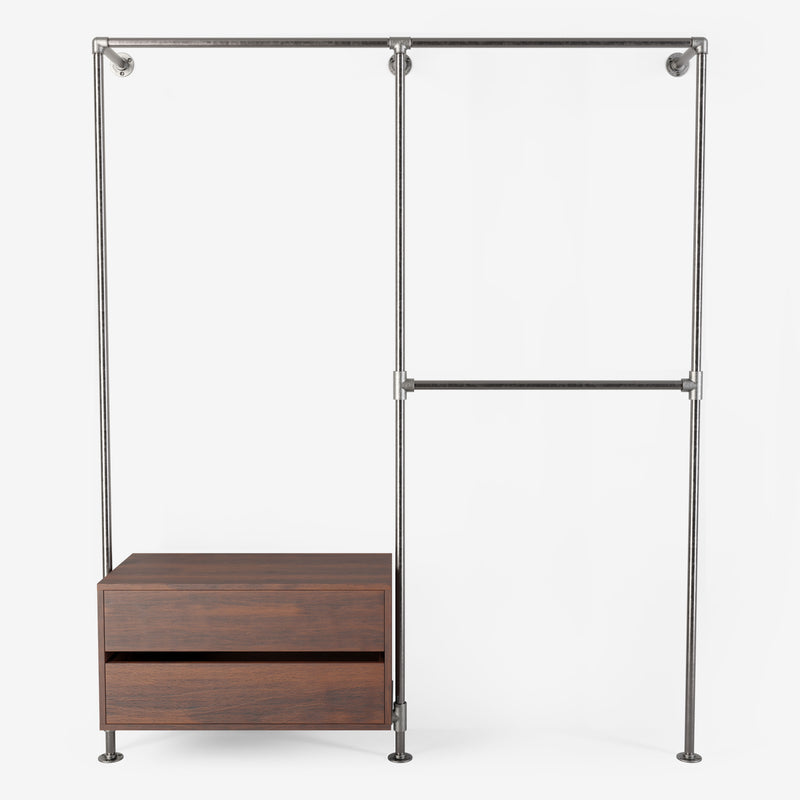 Solution de rangement Rackbuddy Walk-In en fer argenté composée de trois rails et d'une commode en chêne fumé