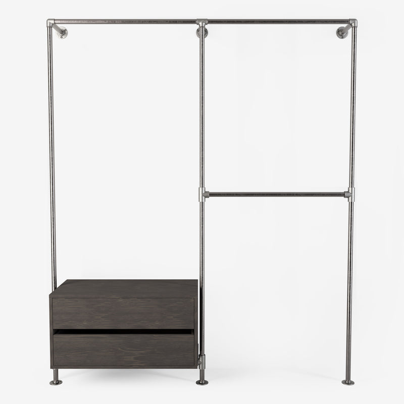 Solution de rangement Rackbuddy Walk-In en fer argenté composée de trois rails et d'une commode en pin foncé