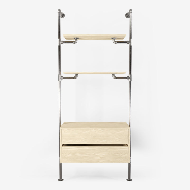 Solution de rangement Rackbuddy Walk-In en fer argenté composée de deux étagères et d'une commode en pin clair