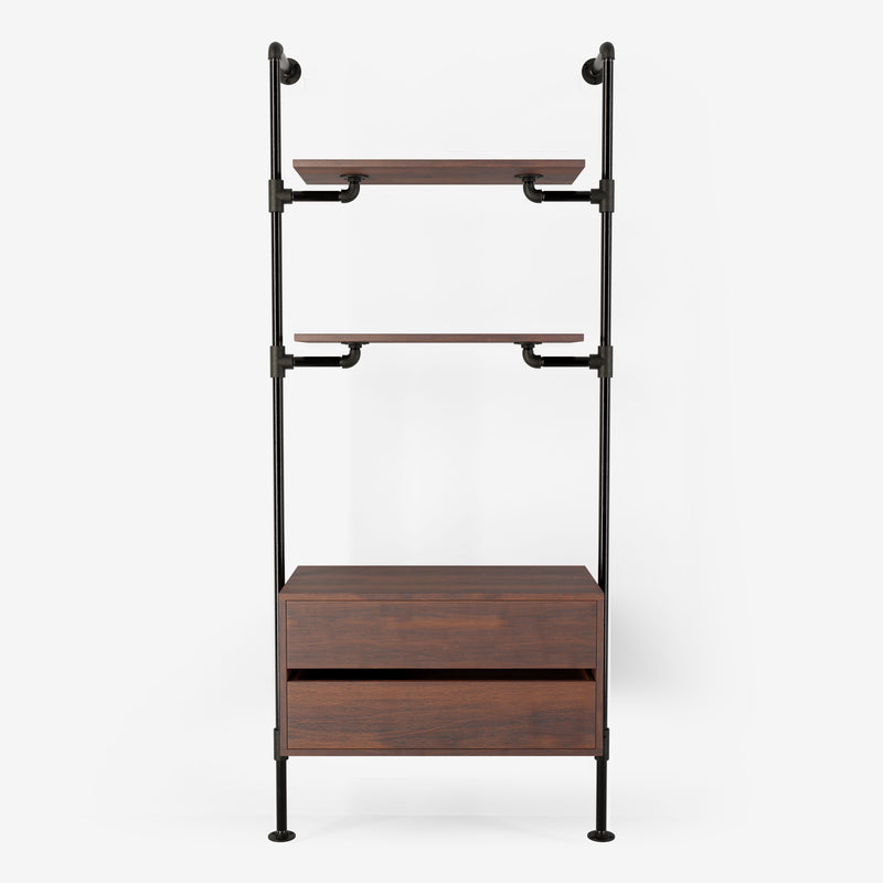 Solution de rangement Rackbuddy Walk-In en fer foncé composée de deux étagères et d'une commode en chêne fumé