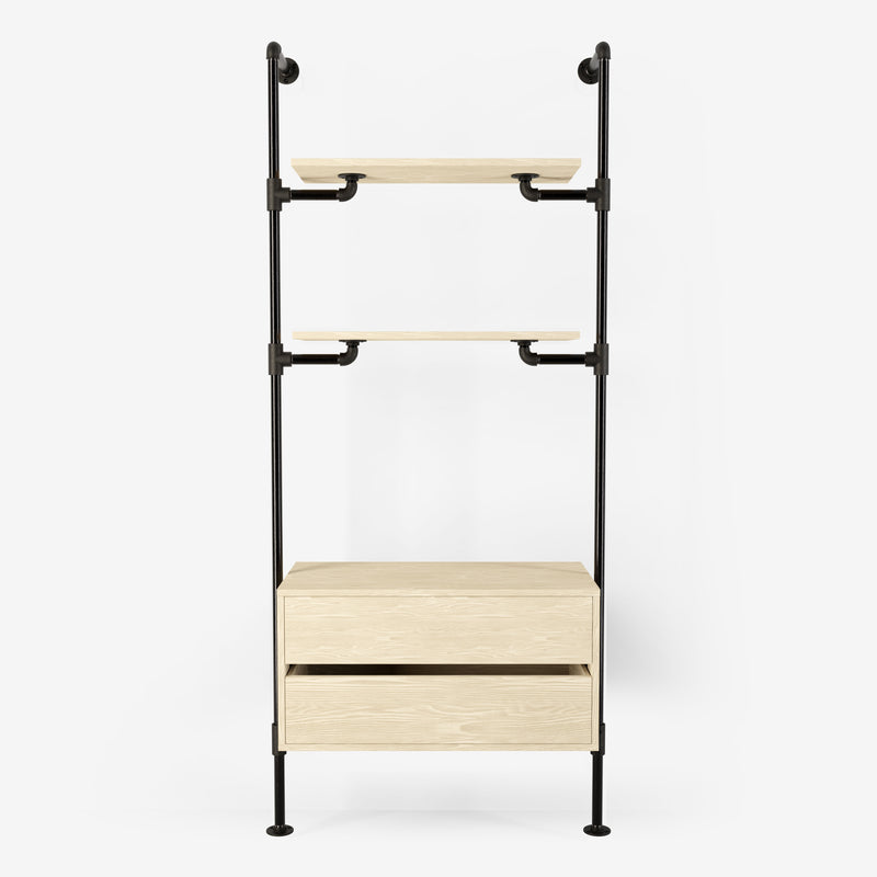 Solution de rangement Rackbuddy Walk-In en fer foncé composée de deux étagères et d'une commode en pin clair