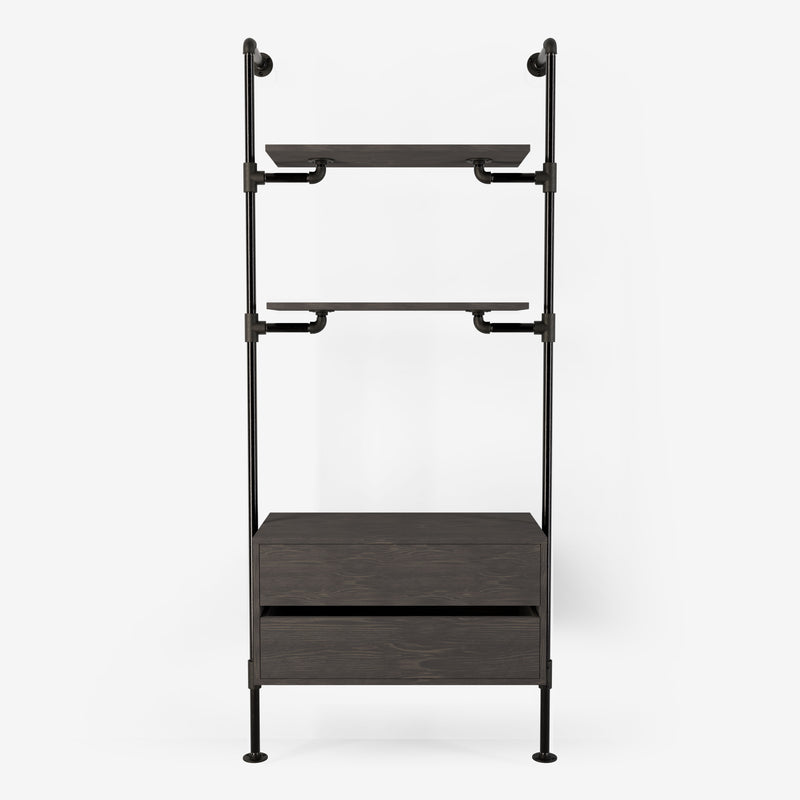 Solution de rangement Rackbuddy Walk-In en fer foncé composée de deux étagères et d'une commode en pin foncé