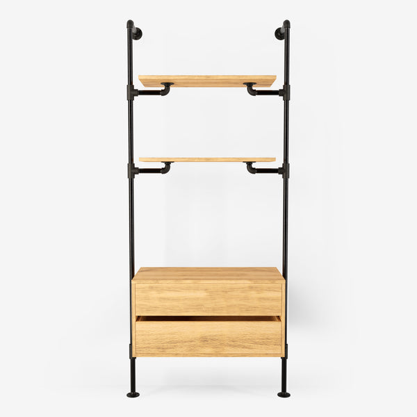Solution de rangement Rackbuddy Walk-In en fer foncé composée de deux étagères et d'une commode en chêne naturel