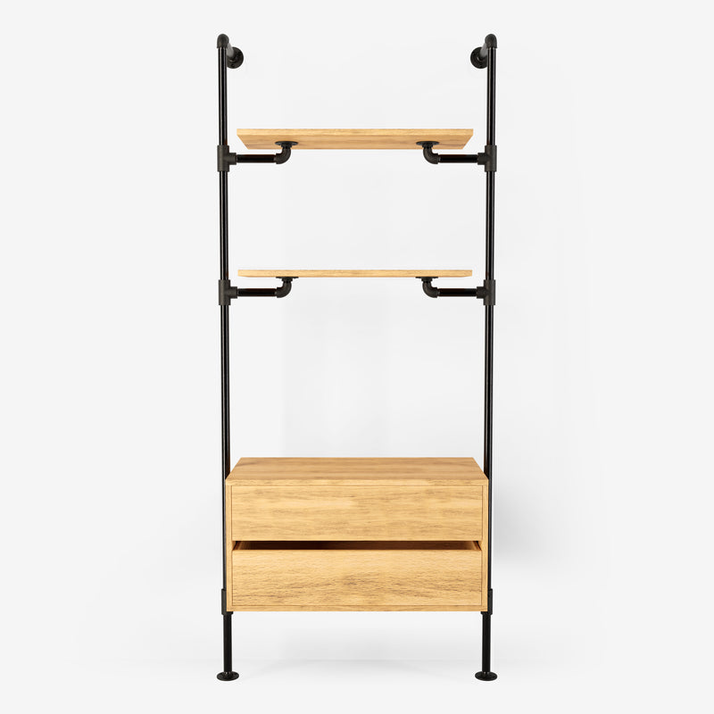 Solution de rangement Rackbuddy Walk-In en fer foncé composée de deux étagères et d'une commode en chêne naturel