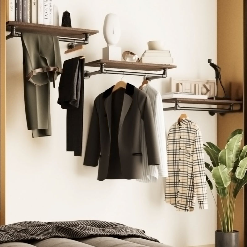 étagère en pin foncé équipée d'une tringle à vêtements en acier foncé