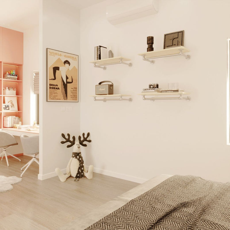 étagère murale pin clair avec tringle à vêtements intégrée pour aménager une chambre