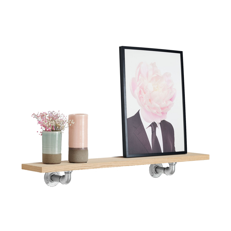 Petite étagère chêne classique avec supports industriels argentés pour ranger tasses, verres, cadres, plantes, vases