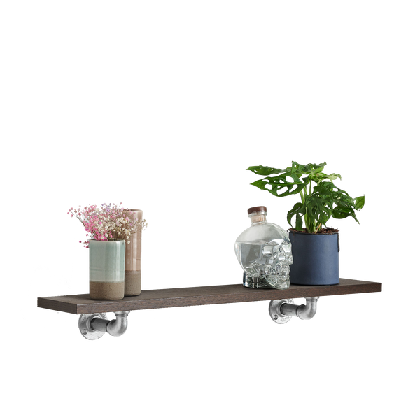 Petite étagère chêne fumé avec supports industriels argentés pour ranger tasses, verres, cadres, plantes, vases